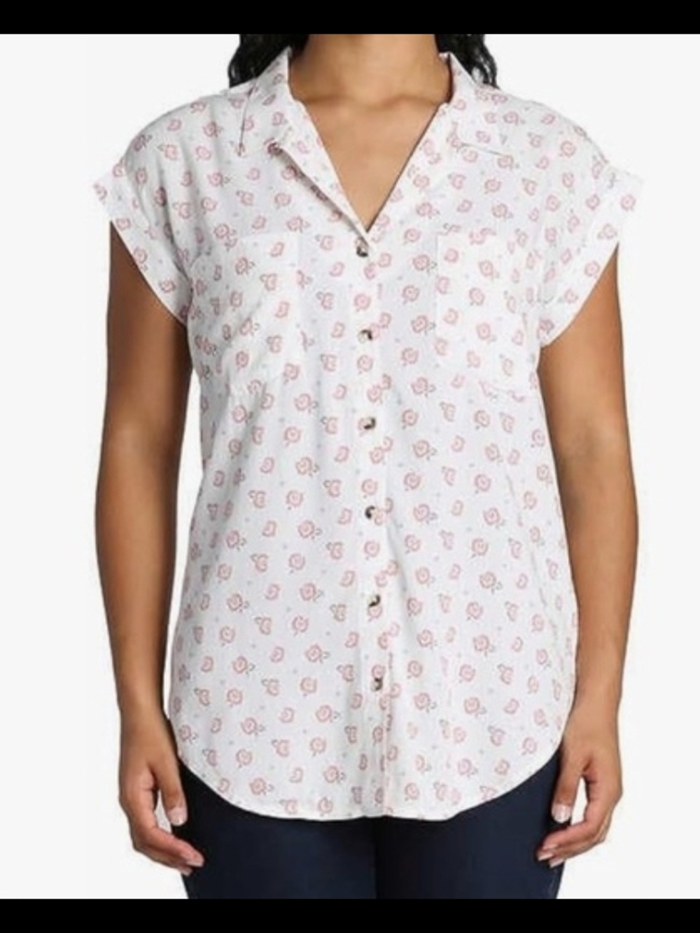 JACHS Girlfriend White Short-Sleeve Button Front Shirt with Pink Floral Print